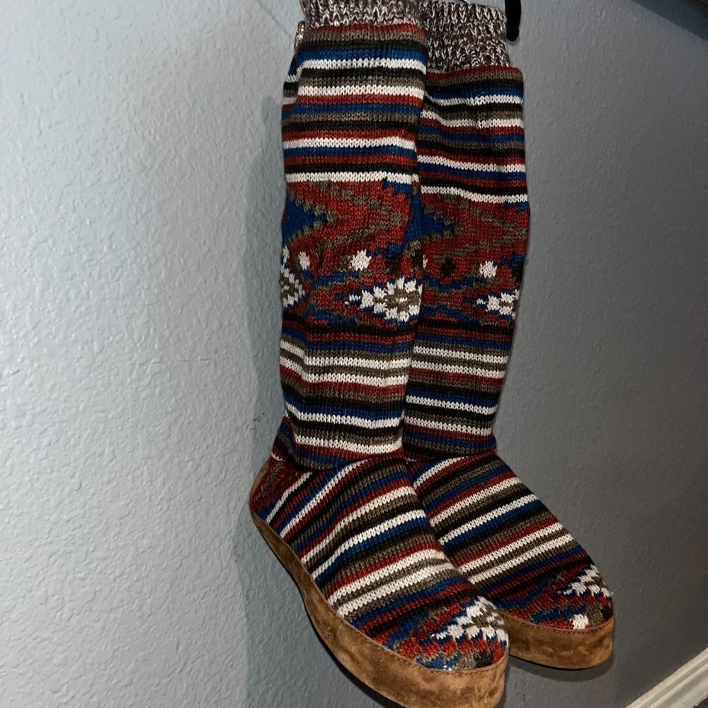 MUK LUKS Southwestern Style Knit Knee High Moccasins with Outdoor Soles NWOT - M - Picture 2 of 13